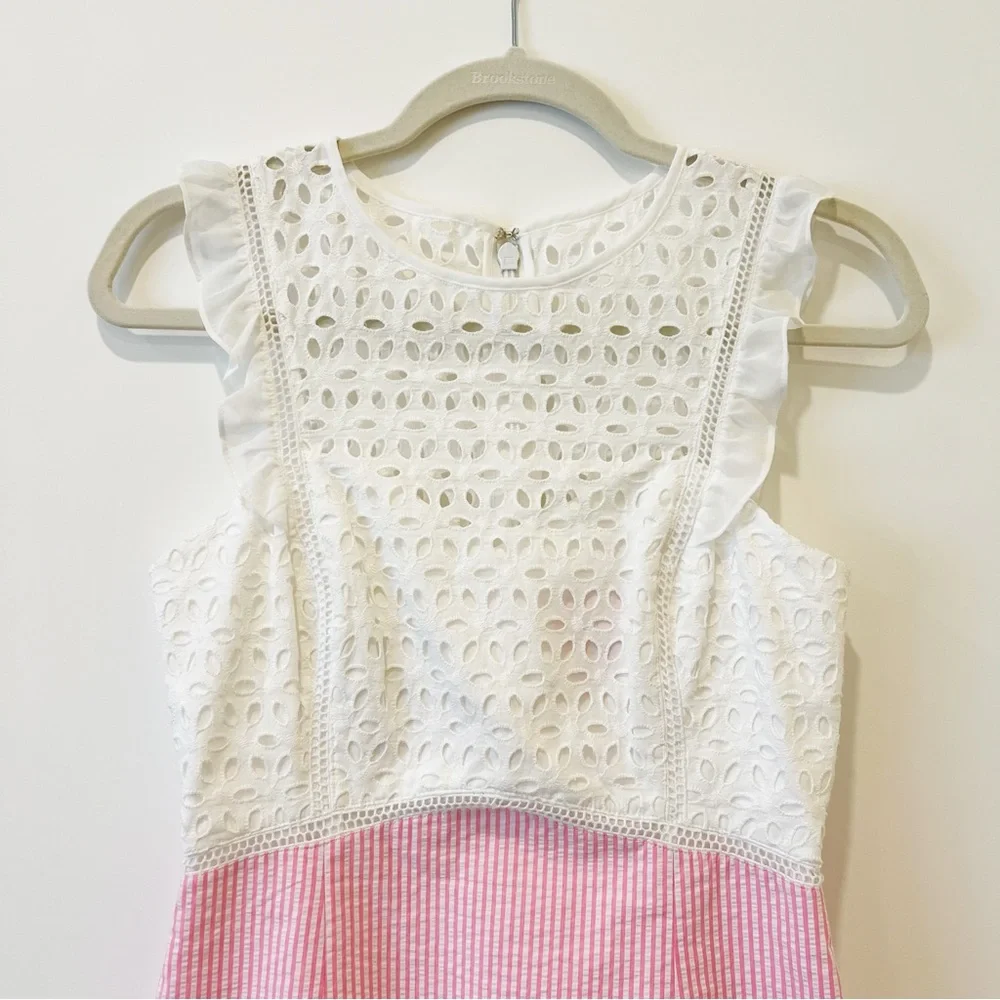 Lilly Pulitzer Maya Shift Dress Pink Tropics Seersucker Eyelet Ruffled Lace Sz 0 - Picture 8 of 10